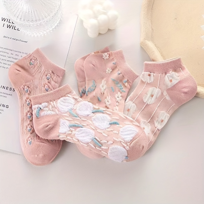 5 Pairs Women's Floral Print Ankle Socks - Pink Low-Cut No-Show Spring/Autumn Socks with Delicate Flower Patterns, Breathable & Durable for Casual & Formal Wear, Seasonal Wear Socks, Durable Socks
