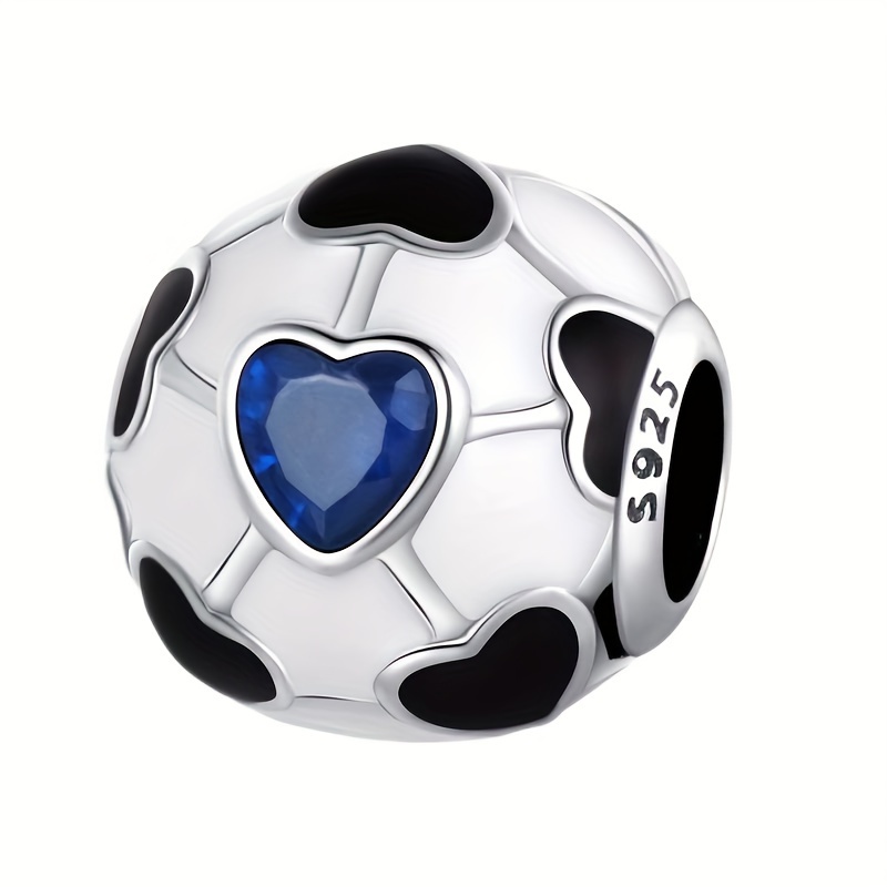 

925 Sterling Silver Sports Charm, Luxury & Classic Soccer Ball Bead With Blue Heart Accents, Fashionable New Design Jewellery Accessory For Bracelets & Necklaces