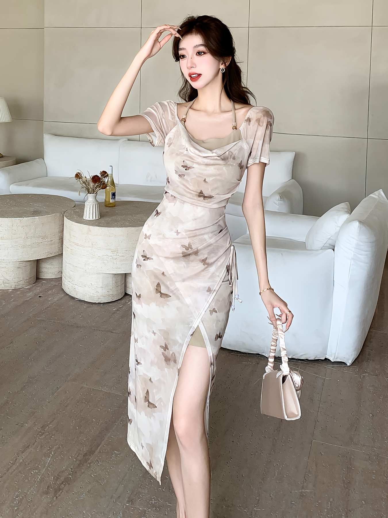 Printed Mesh Halter Neck Asymmetrical Slit Midi Dress