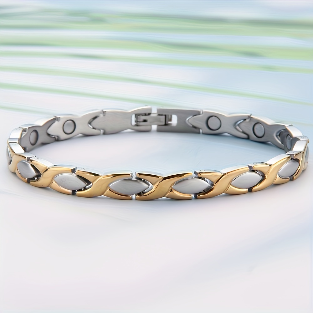 Image of 1pc Elegant Stainless Steel Magnetic Bracelet For - Dual-tone , Adjustable Length With Sizing Tool, Ideal Birthday Or Christmas Gift, Magnetic Bracelet For Couples