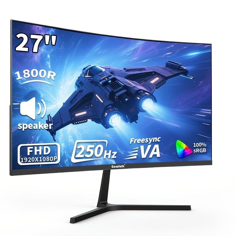   27 inch pc monitor 1800r   display with 250hz refresh rate fhd 1080p 1ms   time   98 srgb integrated speakers hdtv2 0 displayport wall mount compatible black