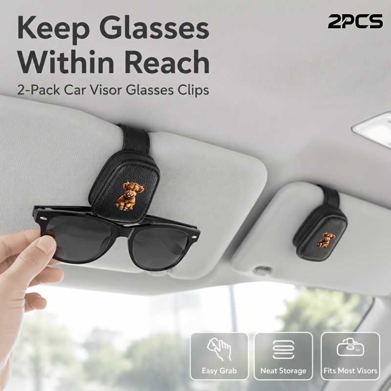 TEMU 2pcs M01 Highland Cow Car Visor Holder & Fashion Glasses Clip - One-hand Operation Multi-functional Dashboard With Adorable Scottish Cow Print,