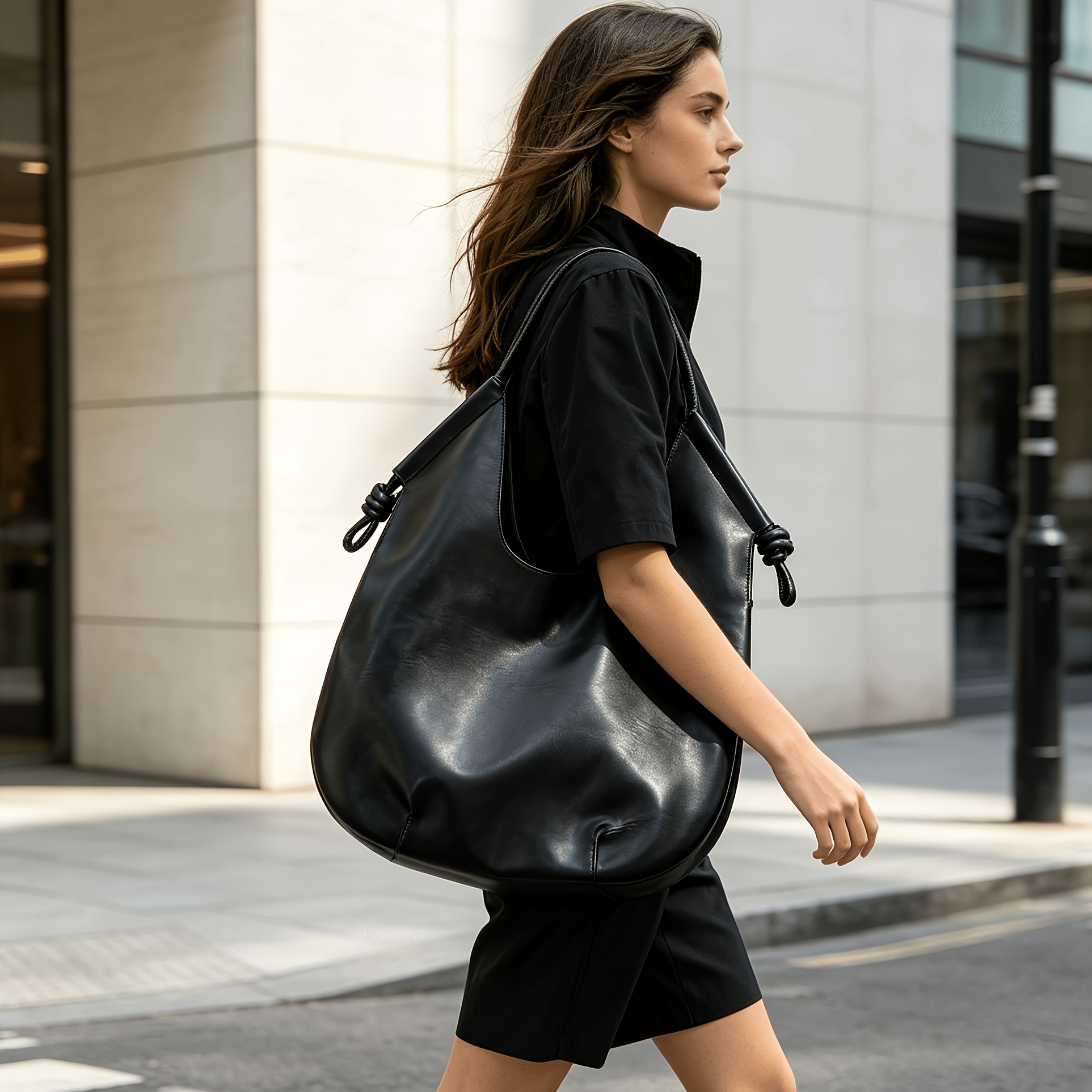 TEMU Black Tote Bag - Stylish Large Capacity Shoulder Bag/tote Bag/clutch Bag With Magnetic Closure And Wrist Strap, Retro Easy Design, Perfect For