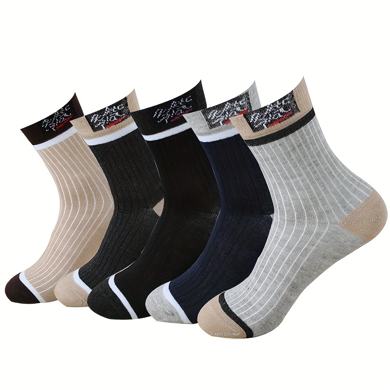 

5 Pairs Of Men's Cotton Trendy Simple Crew Socks, Anti Odor & Sweat Absorption Breathable Socks, For Autumn And Winter