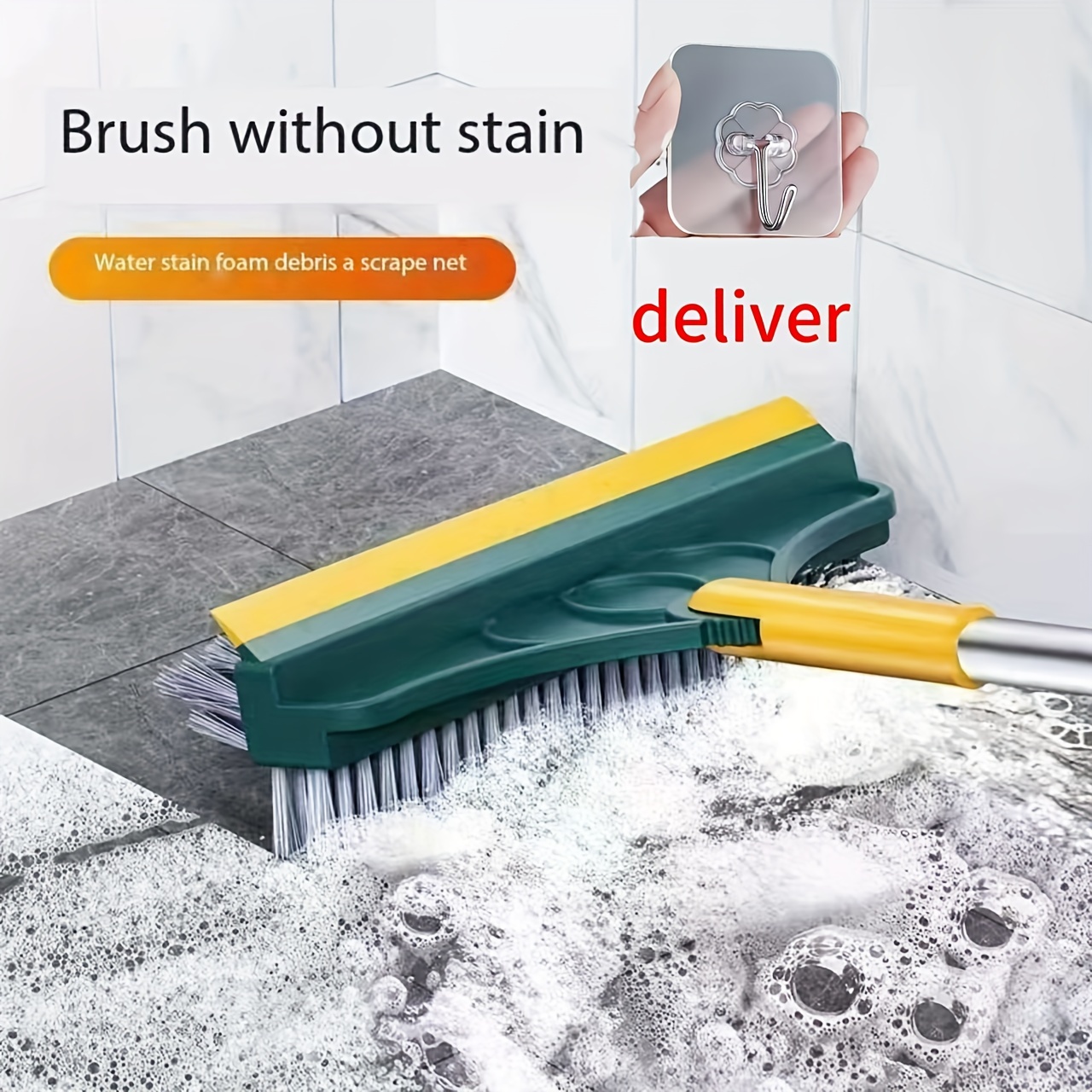 TEMU Stainless Steel Multipurpose Long Handle Cleaning Adjustable And Angled Bristles For Bathroom, Toilet - Reusable Scrub Handle Attachment For , & Wall Cleaning