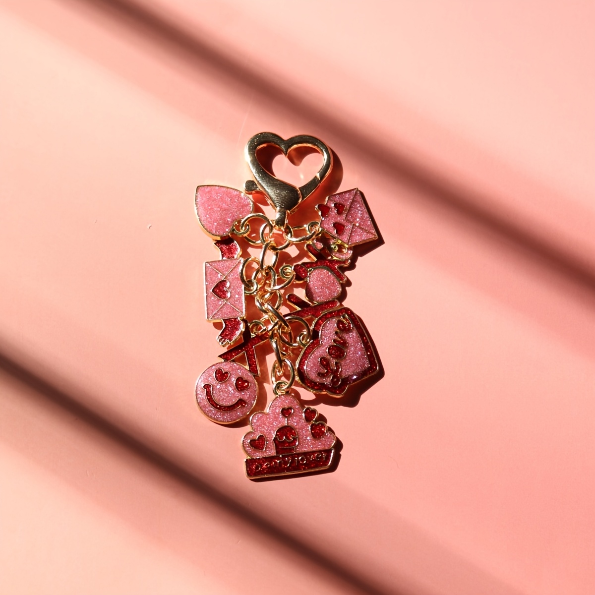 

Chic Valentine's Day Heart-shaped Alloy Keychain With Pink Glitter & Charms - Lobster Clasp, Ideal Gift For Women & Girls