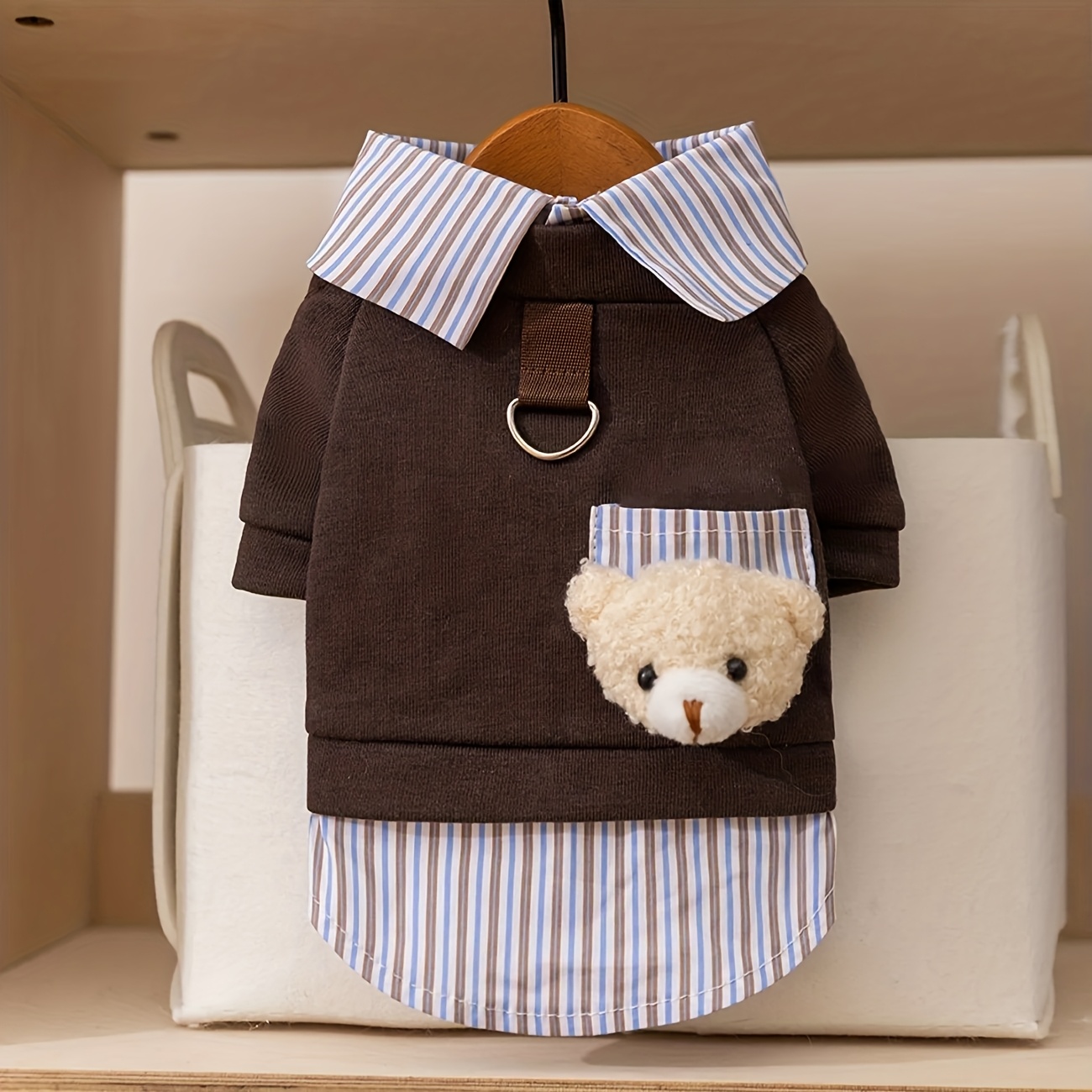 TEMU Cute Bear Decor Pet Outfit, Striped Collar Cat And Dog Clothes