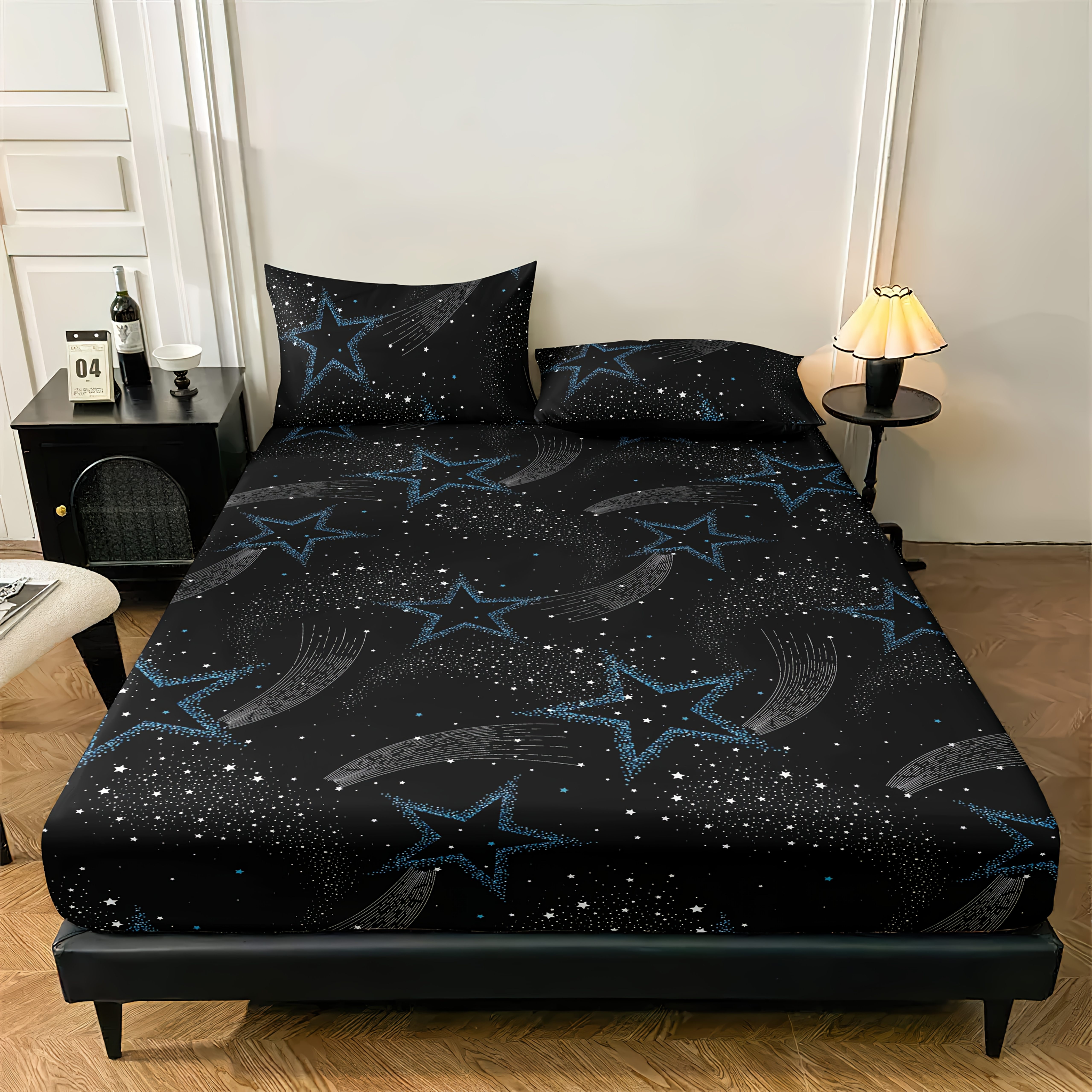 TEMU 3pcs Romantic Starry Protector Set, Fitted Sheet Set, Includes 1 Fitted Sheet   2 Pillowcases, No Filler, , For Home, , Hotel, Home Textile