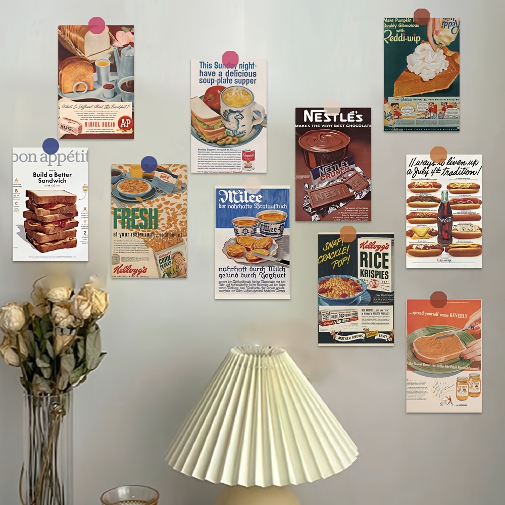 

10-pack Vintage Food Advertisement Cardstock Prints - Retro Kitchen Wall Decor Posters - Ads For Dorm Room & Photography Backdrops - Home Accessories