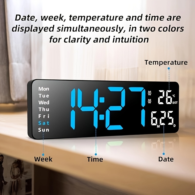 

Timess Led Digital Wall Clock With Large Display - Temperature & Humidity, Auto Light Sensor, Usb Powered - Living Room & Bedroom Decor