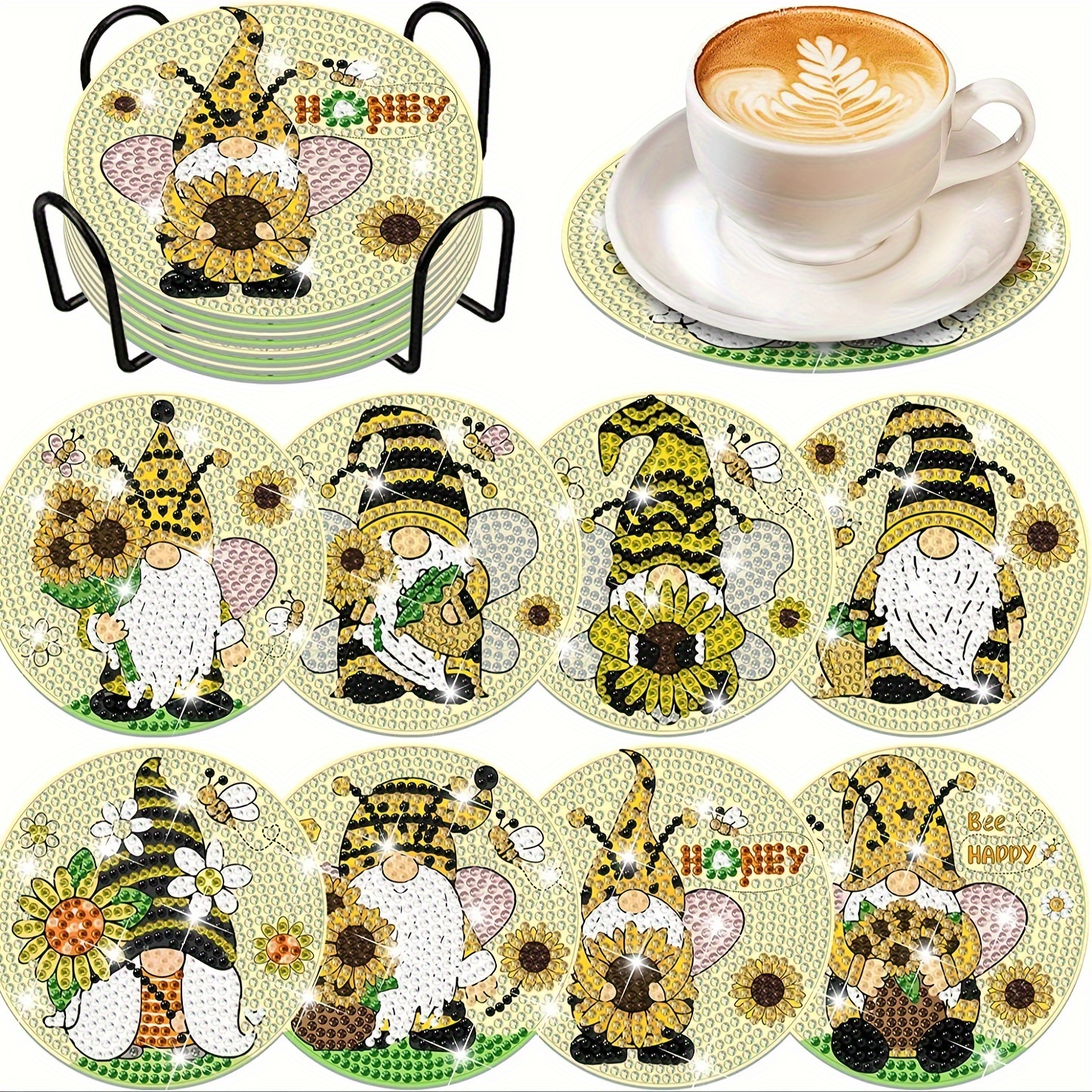 

[top-] 8pcs Diy Coaster Set Stand, Round Gem , - Craft Supplies