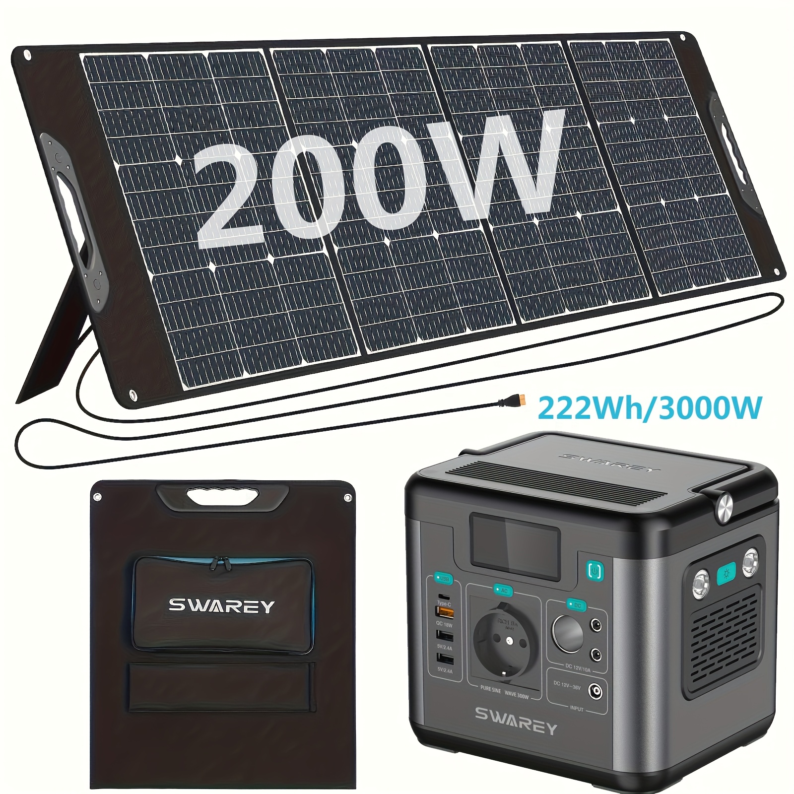 Image of Swarey Power Station With 200w Solar Panel, 222 Wh Lithium Batteries, 300 W ( ) Ac Output, 65 W Usb-c Port, Solar Power Bank For Camping, Travel, Fishing, Motorhomea
