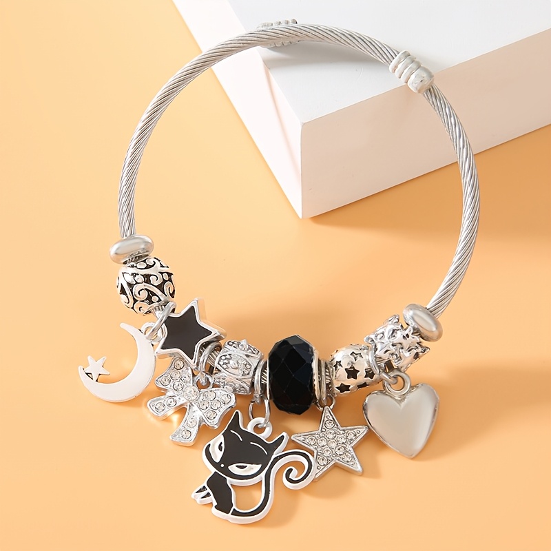 TEMU A Women' Steel Adjustable Bracelet With A Retro Minimalist Style, Featuring A Black Cat Pendant, Star Moon, Bow, And Heart Pendant. Suitable For