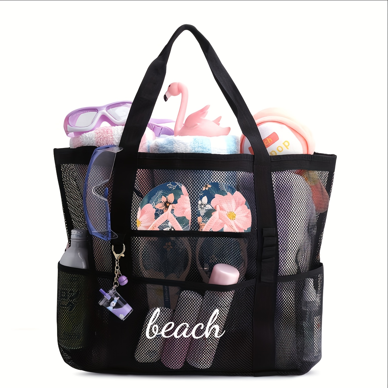 TEMU 1pc Embroidered Custom Solid Mesh Tote Bag, Summer Beach Swimming Storage Bag, Lightweight Foldable Large Capacity Multi-functional Travel
