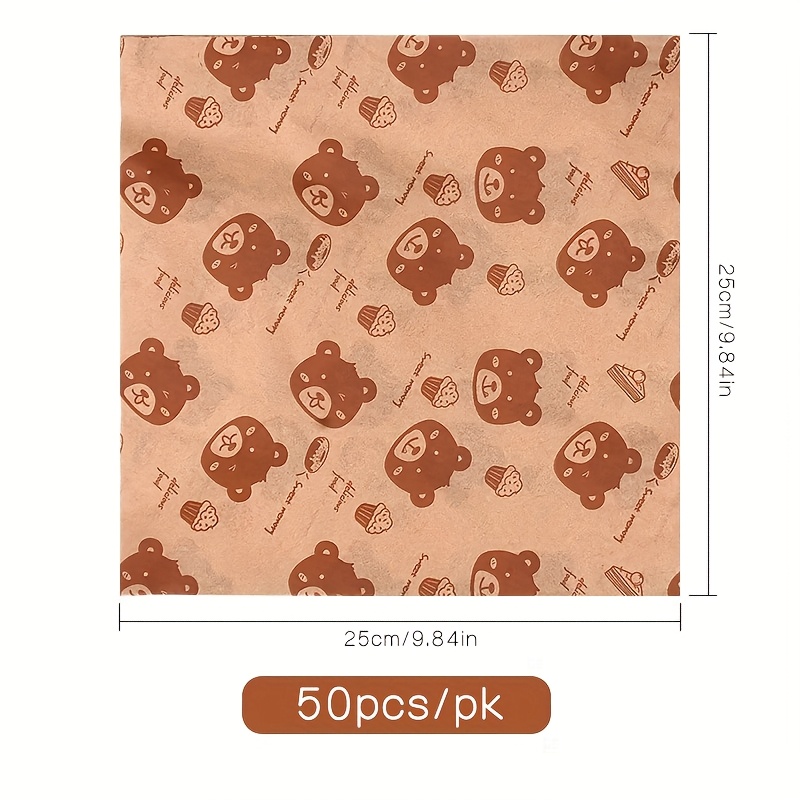 E-shop 50 Blätter - Zugelassene Fettabweisende Sandwich-Einwickelpapiere mit Teddybär-Muster, Hochwertige 40g Öl-Lebensmittel-Pads für