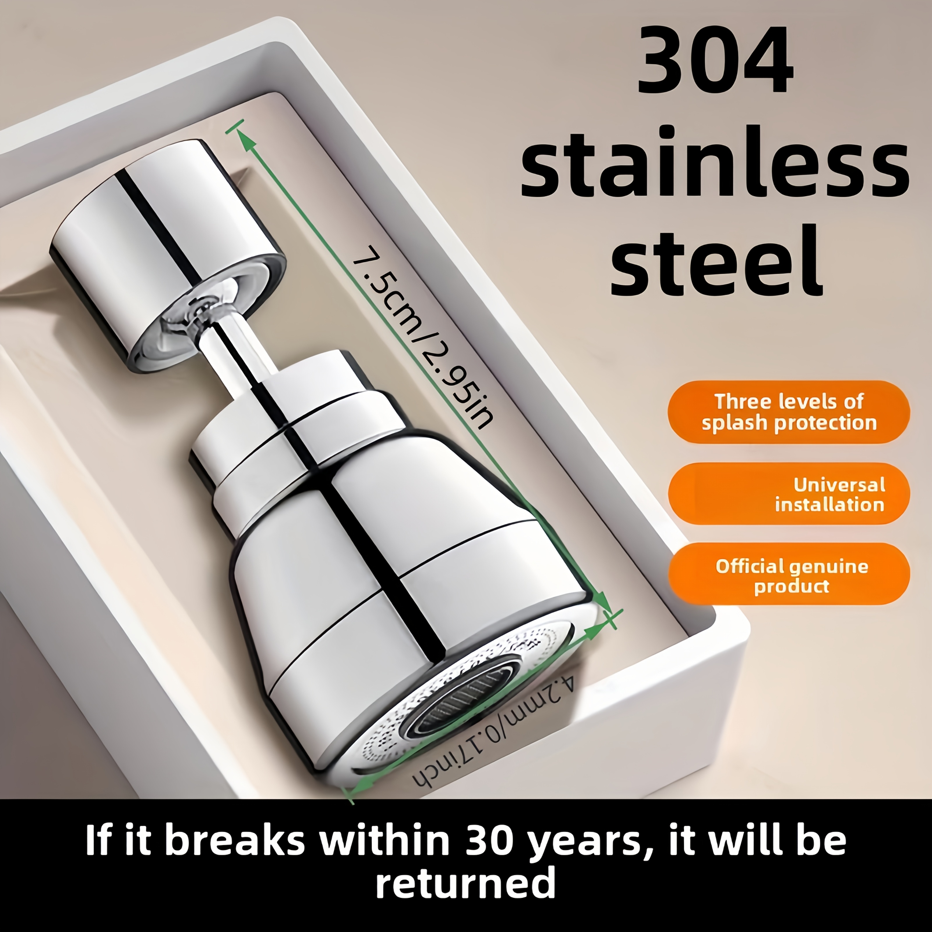 304 Stainless Steel Kitchen Faucet Extender - 720° Rotating Nozzle, 3 Spray , Durable & Corrosion-resistant, High-quality End, Water- Design