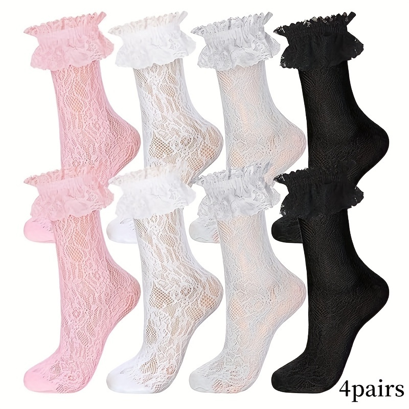 4 Pairs Lace Ruffle Frilly Ankle Socks Lace Socks Cute Dress Socks for  Women Ladies Additions