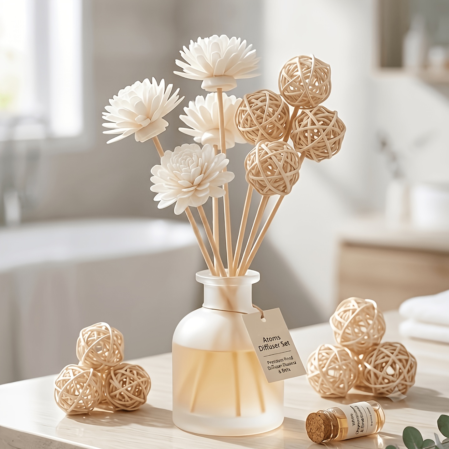 TEMU 20pcs Set Of Scent Diffuser Sticks, Including 10pcs Diffuser Sticks And 5pcs Vine Balls And 5pcs Flowers, Wood Scent Sticks, Unscented Pe Flower