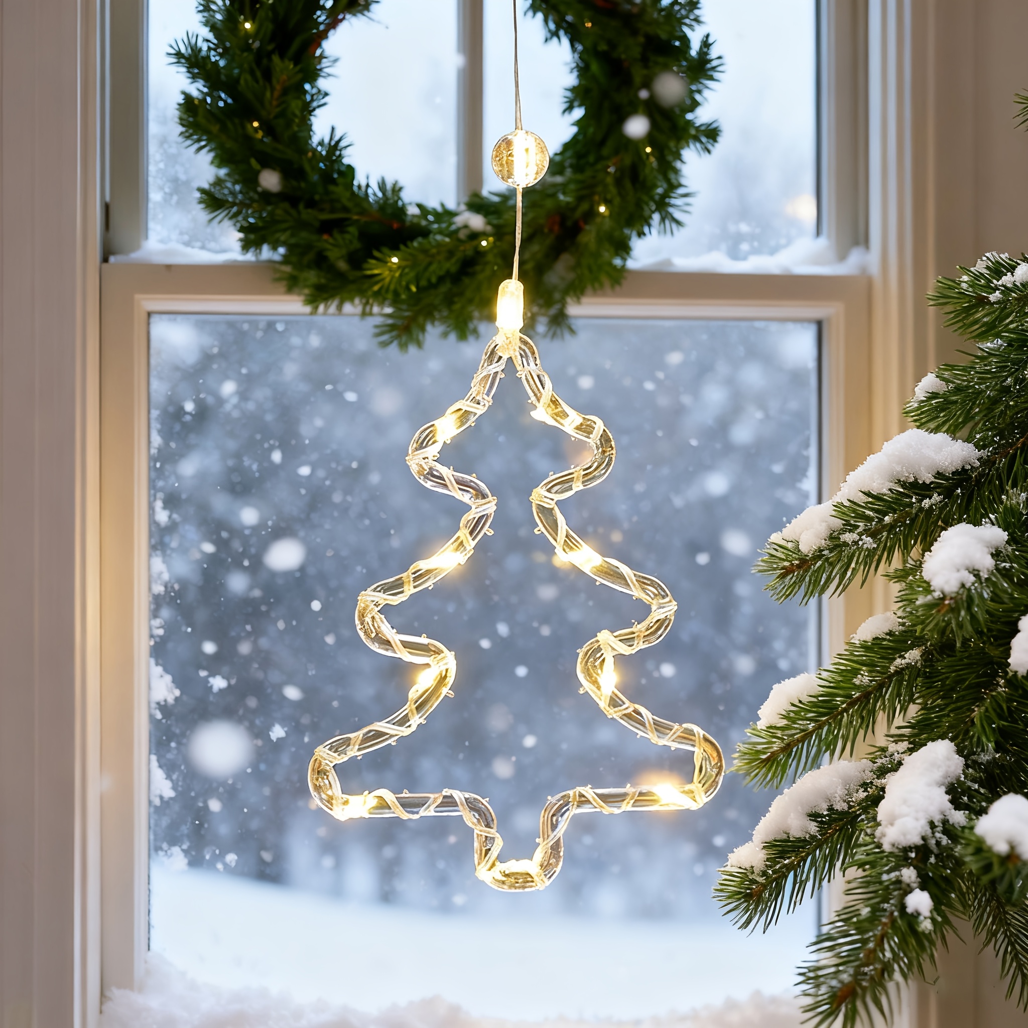 led christmas window lights suction cup lights battery powered fairy lights snowflake star christmas tree snowman reindeer bells hugging star shape indoor christmas string lights Product details 3