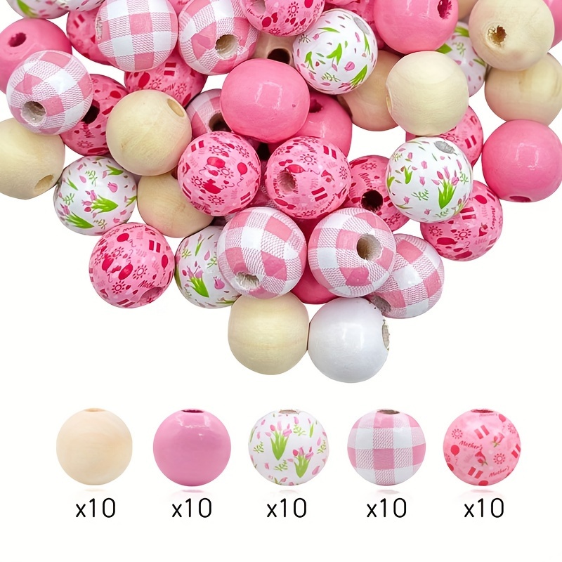Image of Set Of 50 Assorted Wooden Beads Featuring A Tulip Design, Ideal For Keychains, Phone Charms, And Jewelry. A Great Gift For Mother's Day And Thanksgiving