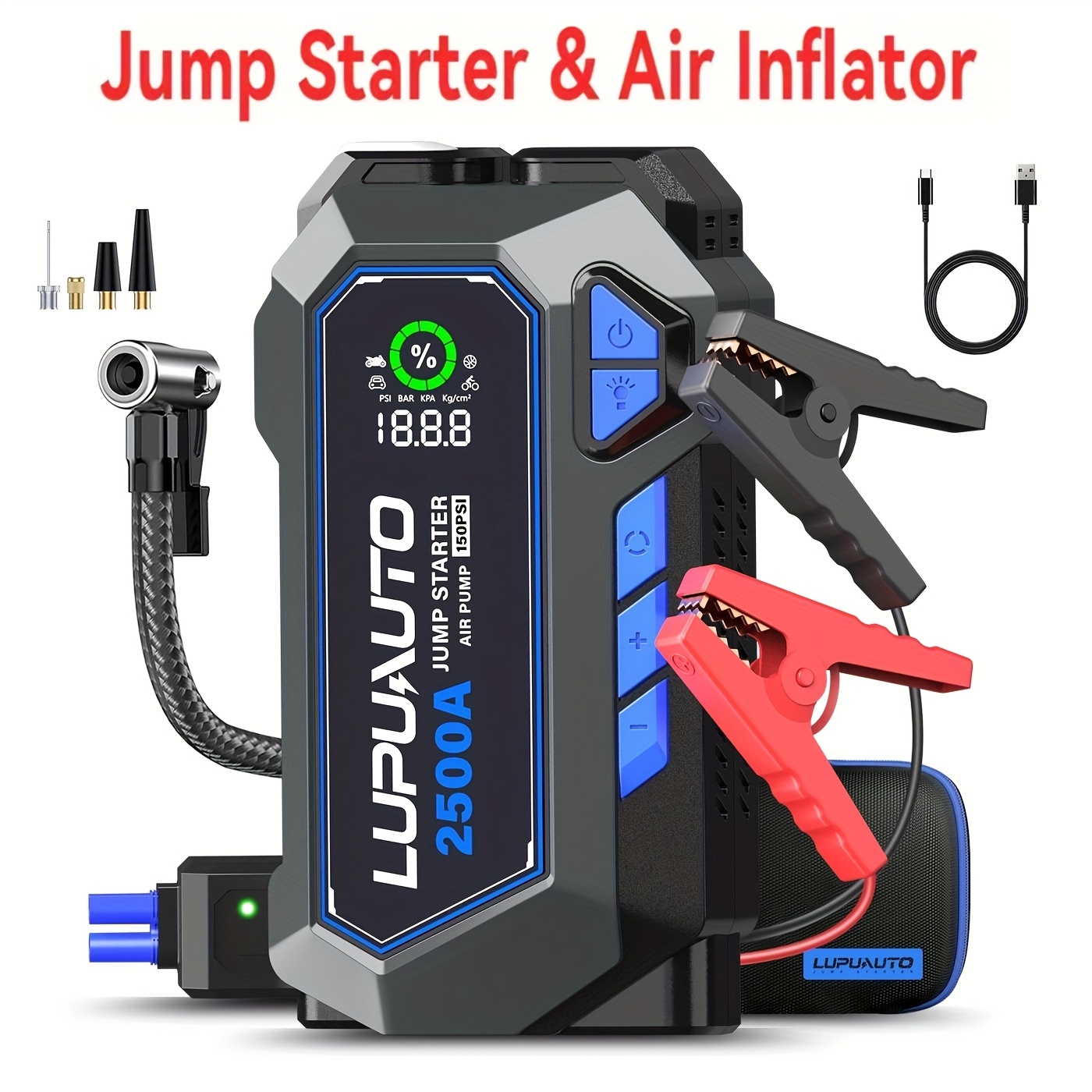 TEMU Lupuauto Jump Starter With Tire Inflator, Portable Power Bank Tire Inflator, 150psi Cordless Dual-cylinder 2x Faster Air Inflation, With Usb