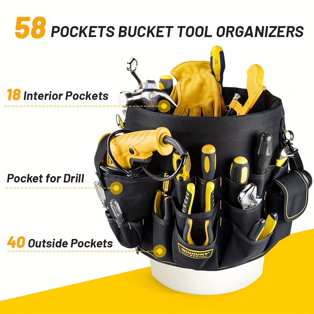 

58-pocket Bucket Tool Organizer In Black - Water-resistant, Fits Most 5-gallon Buckets, With Drill & Power Tool Compartments For Easy