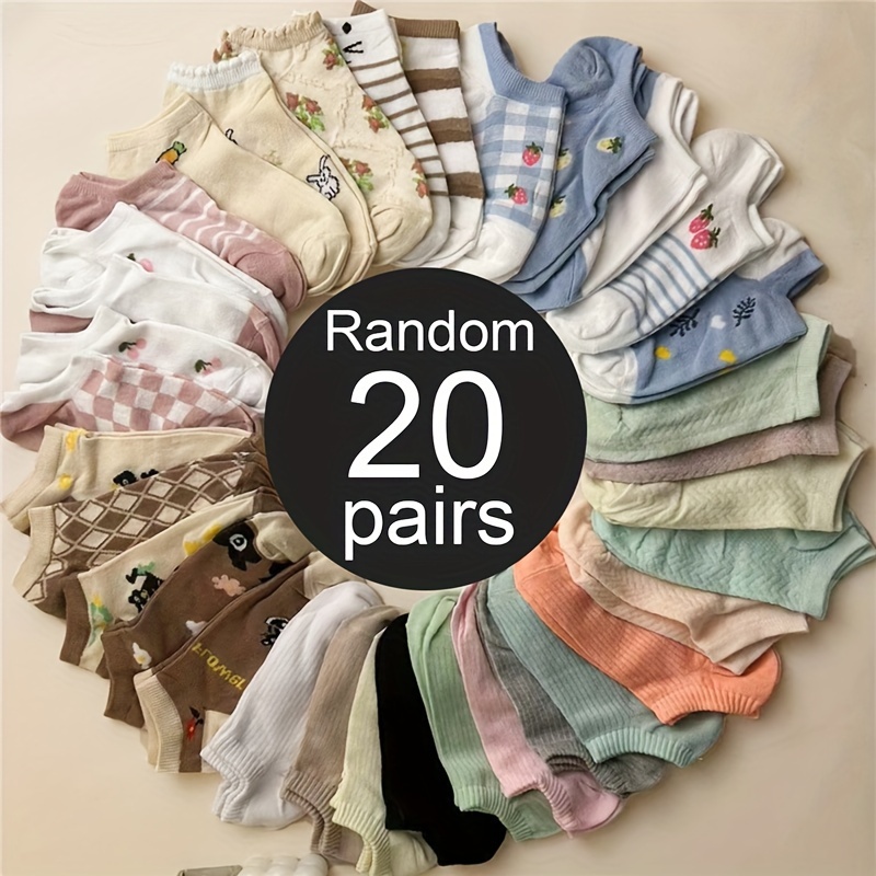 

20 paires de chaussettes fines et mignonnes à motif de dessin animé, chaussettes courtes confortables et respirantes, bas et bonneterie pour femmes