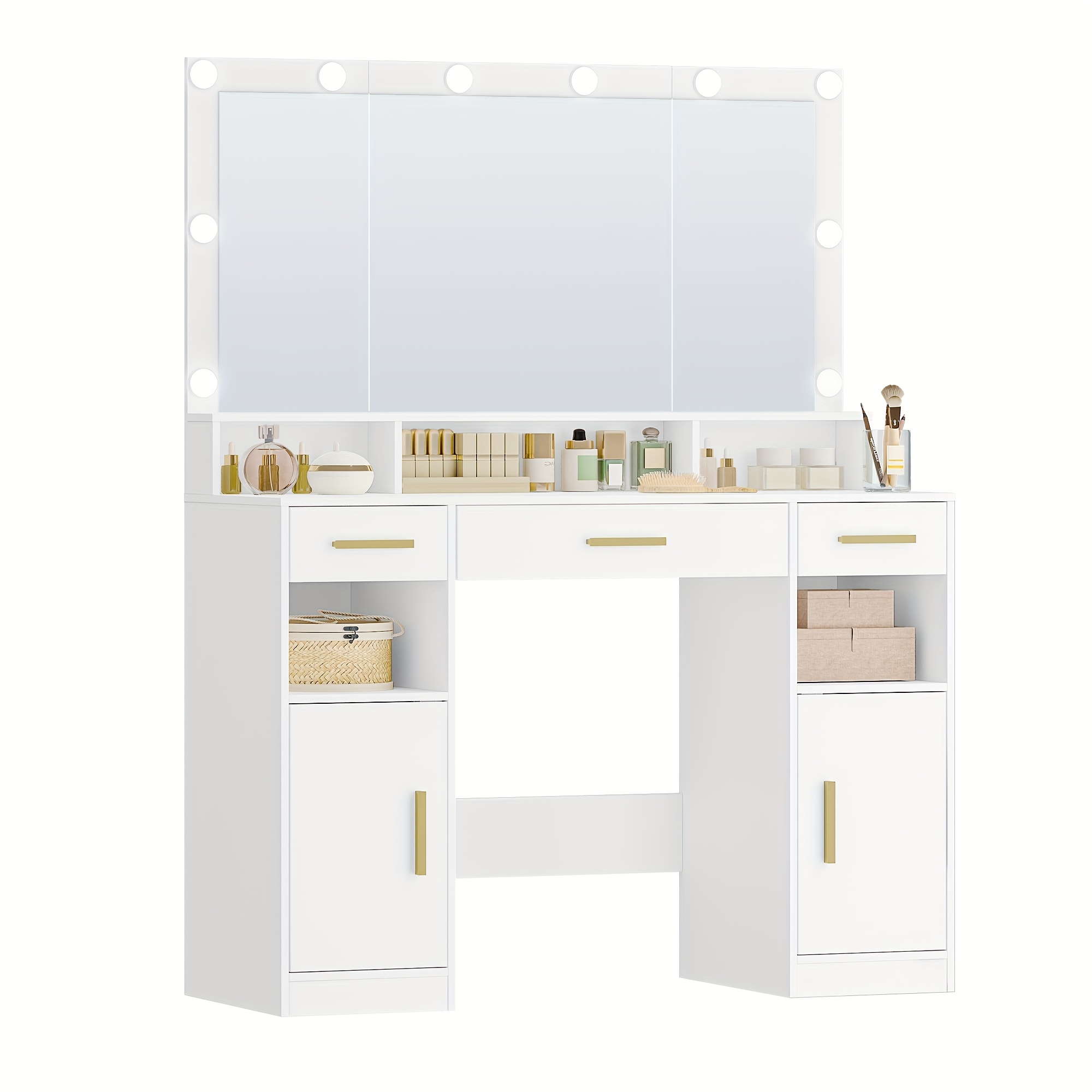 Dressing Table with Large Mirror and LED Lighting, Three Drawers