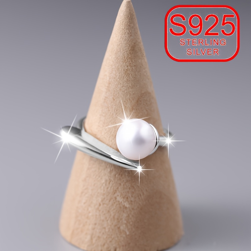 925 Silver Ring w/ Pearl Adjustable Geometric Band for Daily Wear