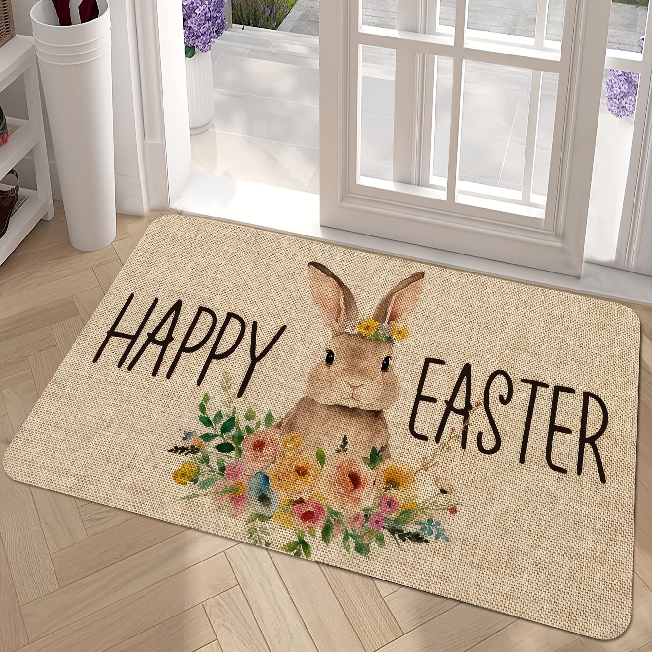 

Bunny Floral Doormat, Polyester, Rectangular, Machine Washable, Stain Resistant, With Non-slip Pvc Backing, For Indoor/outdoor Entrance Rug, Decor