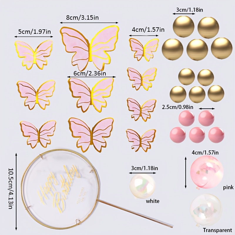 Image of 29pcs Set Of Pink Butterflies, Ins Golden Pink Bead Cake Decoration, Iridescent Transparent Ball, , , Cupcake Decoration Acrylic Happy Birthday Metallic Golden Decor Women's Party Decoration