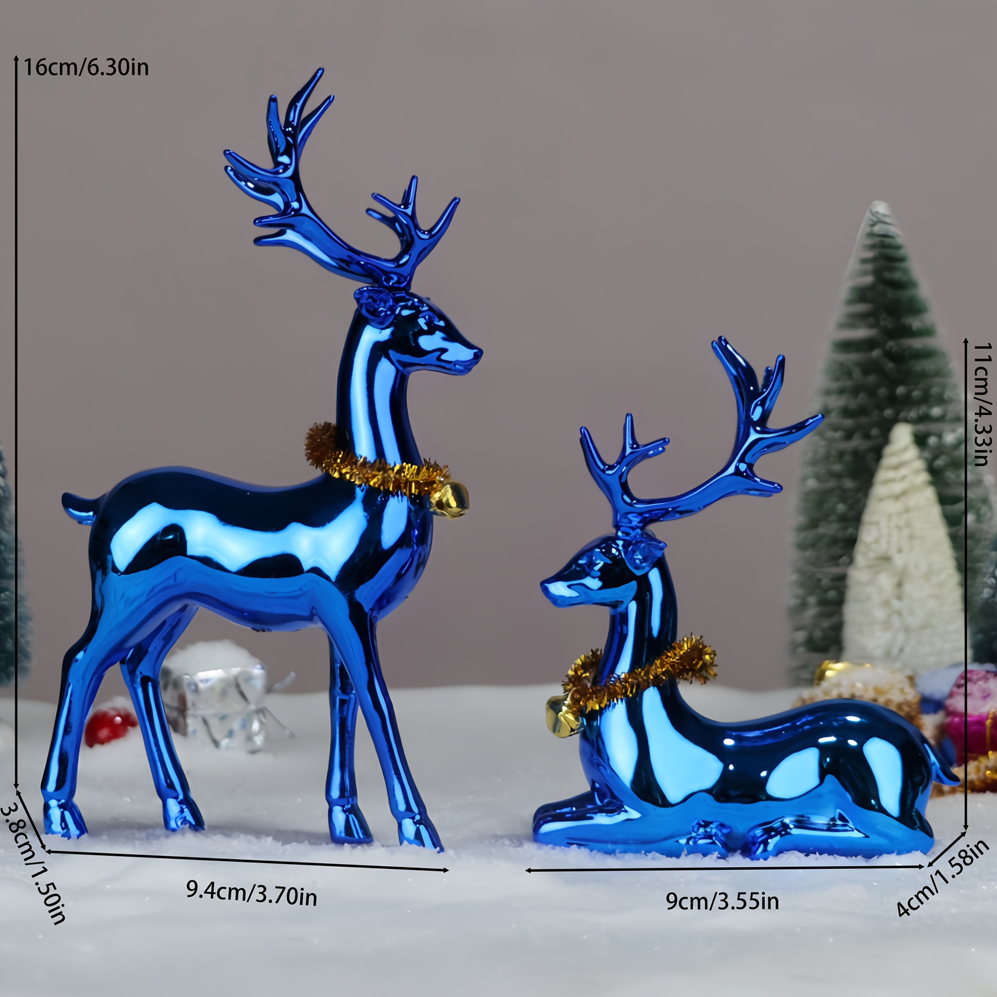 TEMU A Pair Of Blue Resin Christmas Reindeer Figurines With Golden-colored Wreaths And Bells, Christmas Decorative Ornaments. Suitable For Holiday