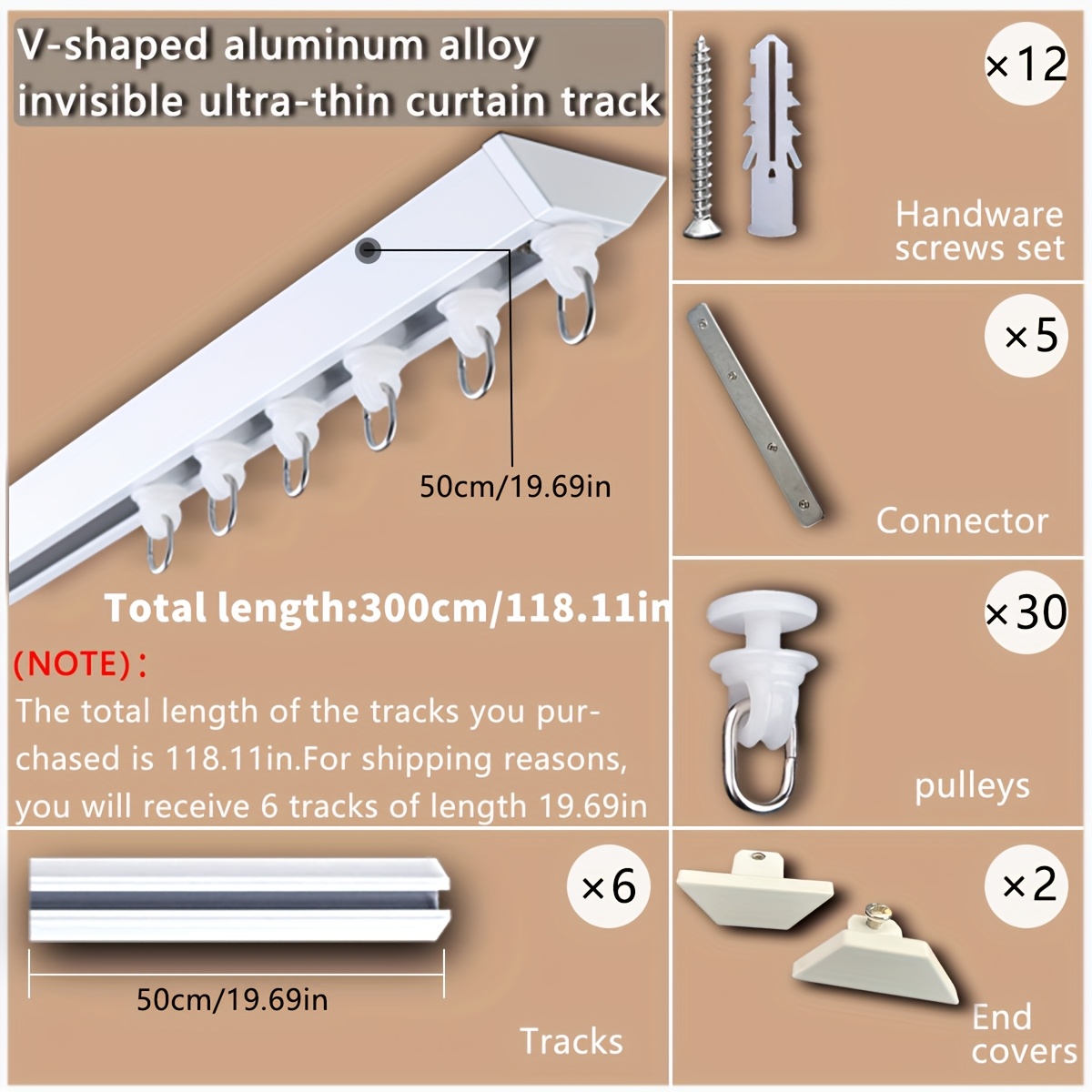 1-set V-shaped Ultra-thin Silent Aluminum Curtain Rail (/wall & Ceiling Mount) - Anti-derailment & Rust-resistant For Bathroom/dorm With Curved Windows [optional: 10 Silent Rollers + Corner Connector]