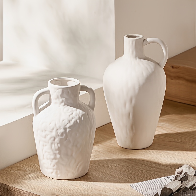 Witte Keramische Vaas, 21.5 CM Bloemenvaas voor Pampasgras, Rustieke Tafelvaas voor Tafelstukken, Eenvoudige Moderne Vaas voor Thuiskantoordecoratie - Puur Wit
