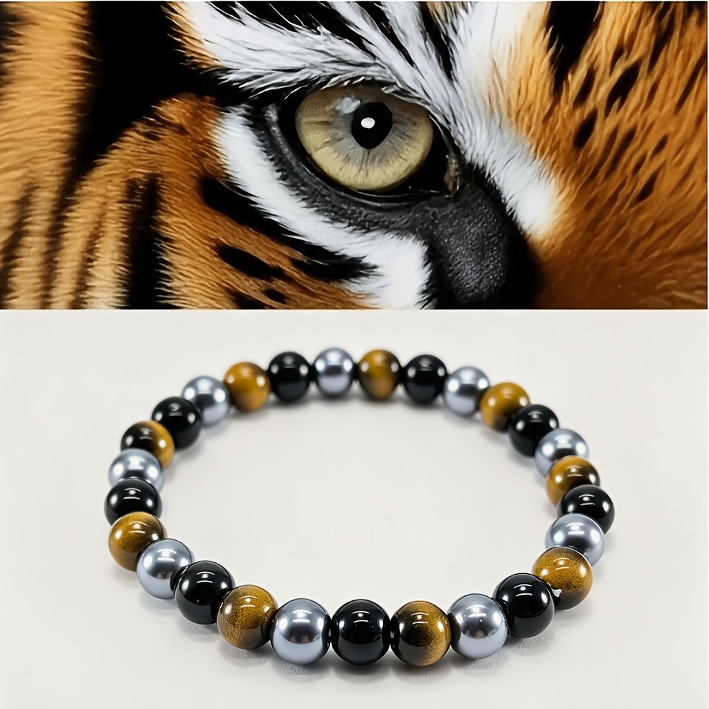 Three Types of Stones Bracelet: Tiger's Eye, Obsidian, Black Stone