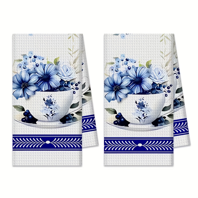 TEMU Cleaning Cloth 2pcs Kitchen Towel, Blue And White Porcelain Striped Kitchen Towel, 40*60cm, Polyester Tea Towel, Dish Towel Birthday Gift,