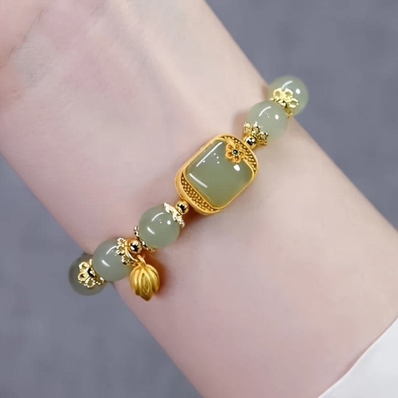 

Fashion Imitation Green Jade Lotus Beaded Bracelet For Women Girls Elegant Dinner Casual Party Jewelry Gift