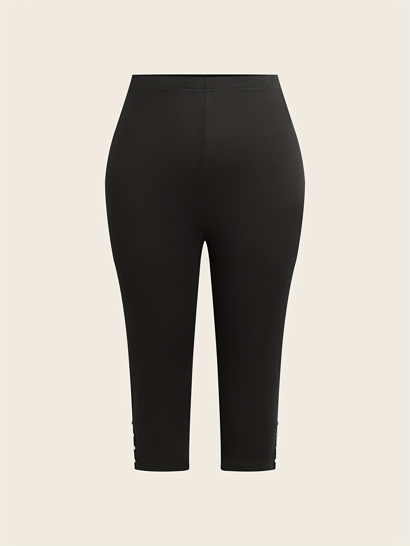 Plus Size, Plus Size High-Waisted Stretchy Rhinestone-Embellished Side Slit Capri Pants - Solid Black Casual Outdoor Leggings for Women, Spring/Summer Fashion, High Waist Pants, Spring Summer Apparel, Nontransparent Fabric, Spring Fashion, Breathable Material, Summer Wardrobe
