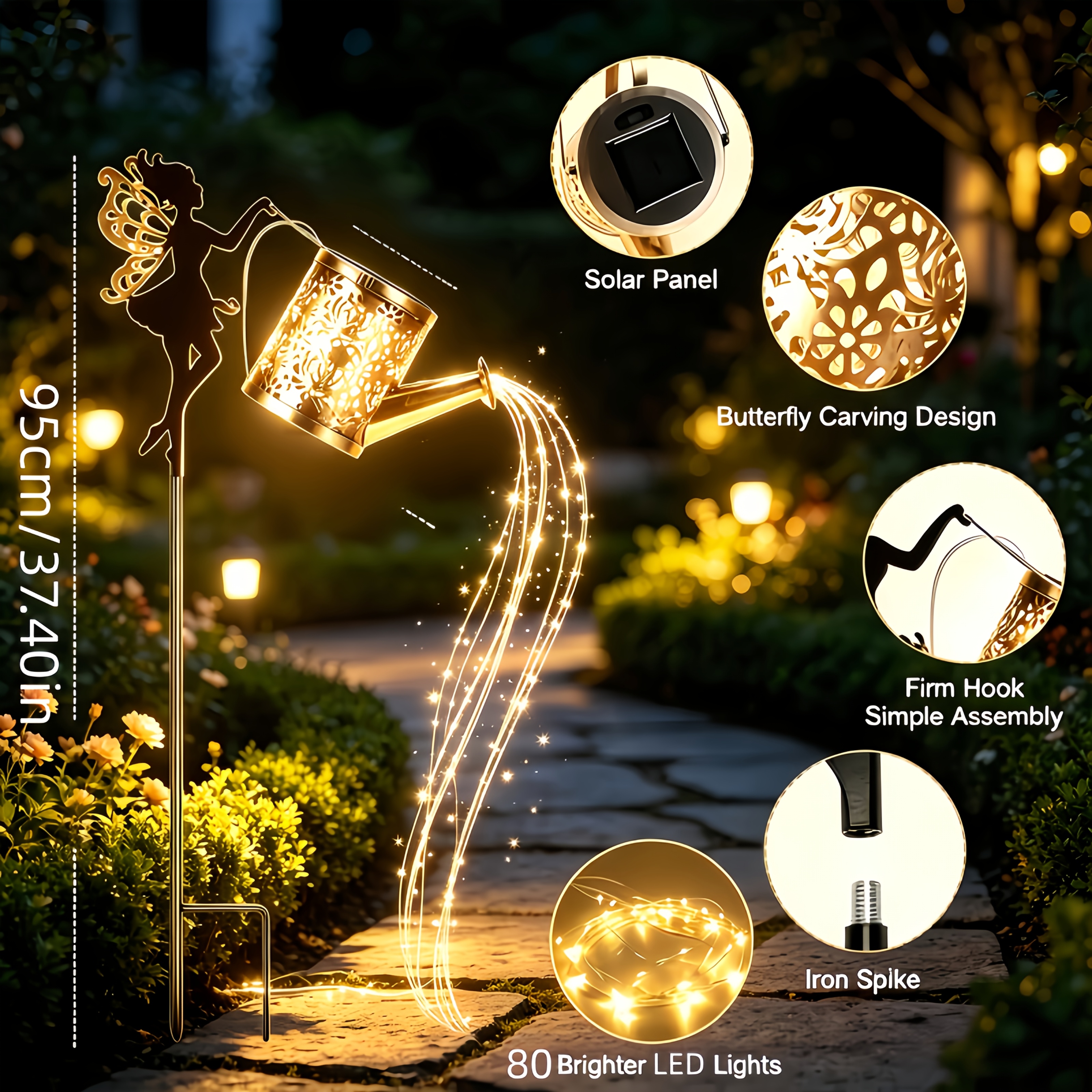 TEMU [2d Flat] 2pcs Solar Fairy Watering Can Lights, Vintage Metal Garden Stake Lights With Led Waterfall String Lights, High Efficiency Solar, Ip65,