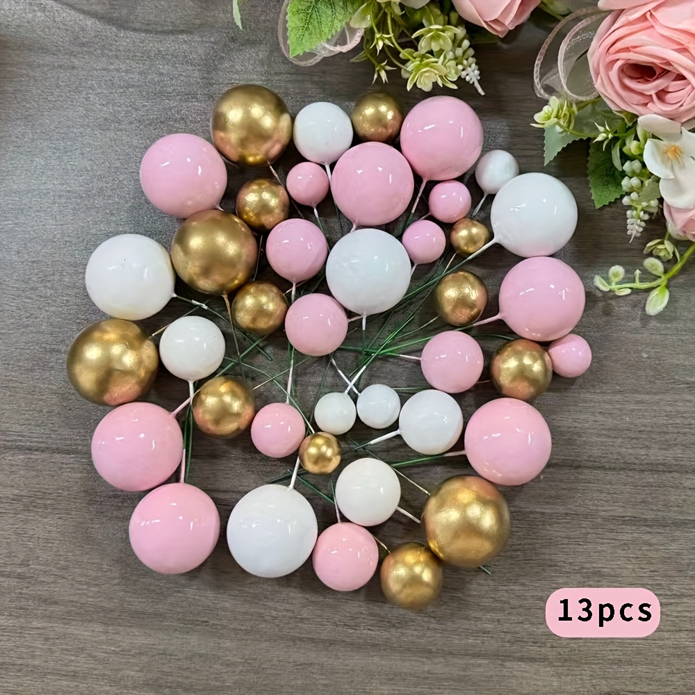 TEMU 13pcs Pink, White, And Cake Toppers, Mini Pearl Ball Cupcake Decorations, Cupcake Slogans For Happy Birthday Events, Holidays, Christmas, And