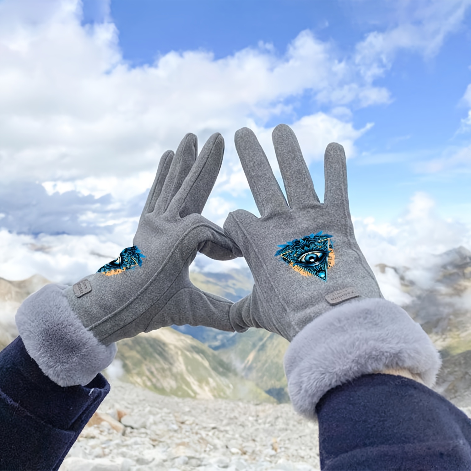 Blue Triangular Inlaid All-Seeing Eye Gloves