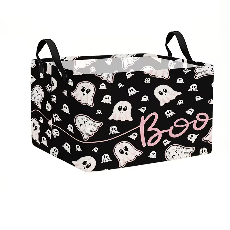 TEMU 1pc Halloween Laundry Basket, Cute Cartoon Boo Letter Print Foldable Fabric Storage Bin With Handles, Bedroom Holiday Theme Organizer, Laundry