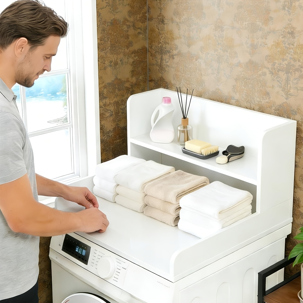 TEMU Étagère et plan de travail blanc pour machine à laver offrant un grand espace de travail. Cette unité de rangement polyvalente à niveaux est
