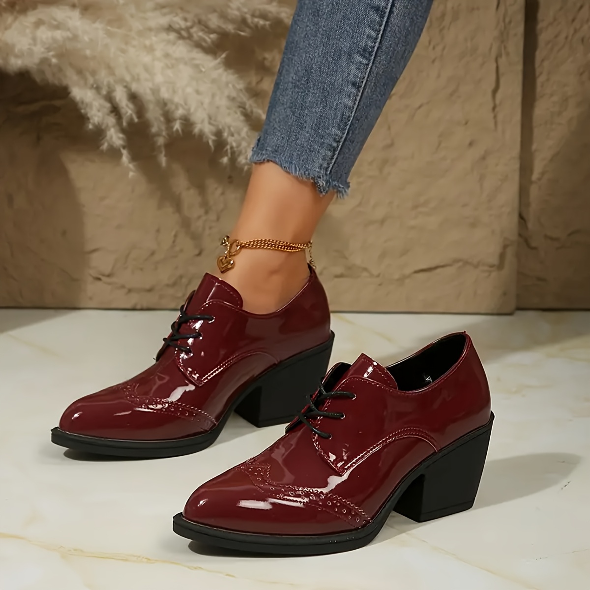 Elegante Burgunder-Oxford-Schuhe mit Absatz für Damen Lässiger  Zehenbereich, rutschfeste Gummisohle für alle Jahreszeiten, lässige