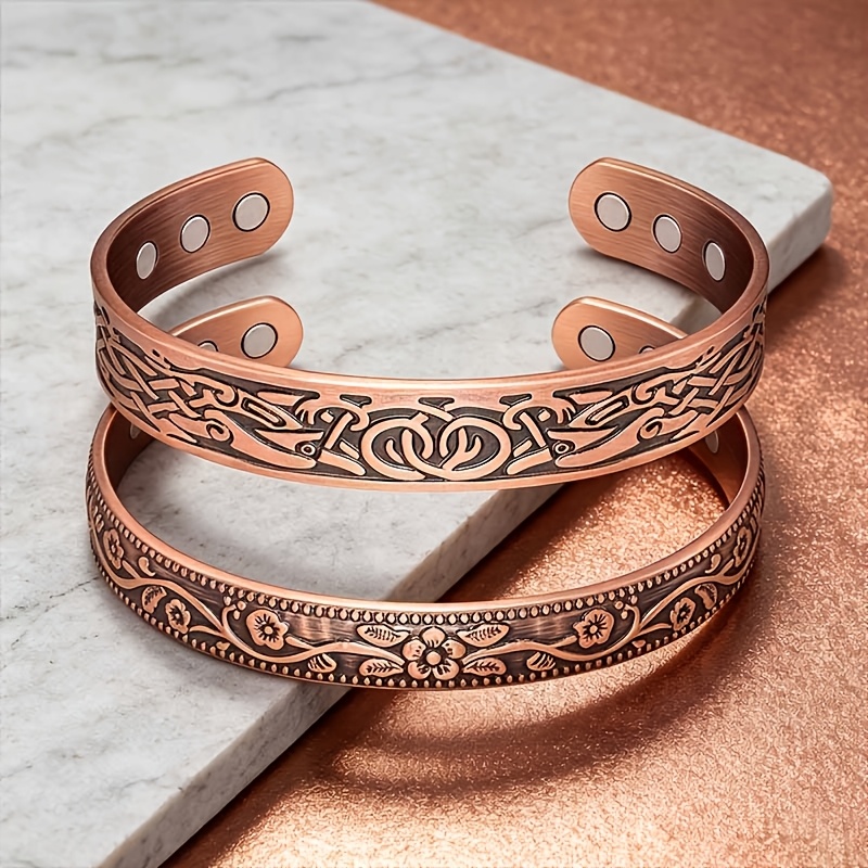 TEMU Vintage Copper Magnetic Cuff Bracelet, Unisex, 2pcs Set. Vintage Carved Open Cuff Bracelet With Built-in Strong Magnet, Adjustable Copper