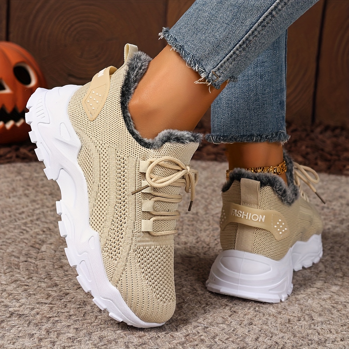 Plus Size Women's Warm Knitted Snow Sneakers for Outdoor Use