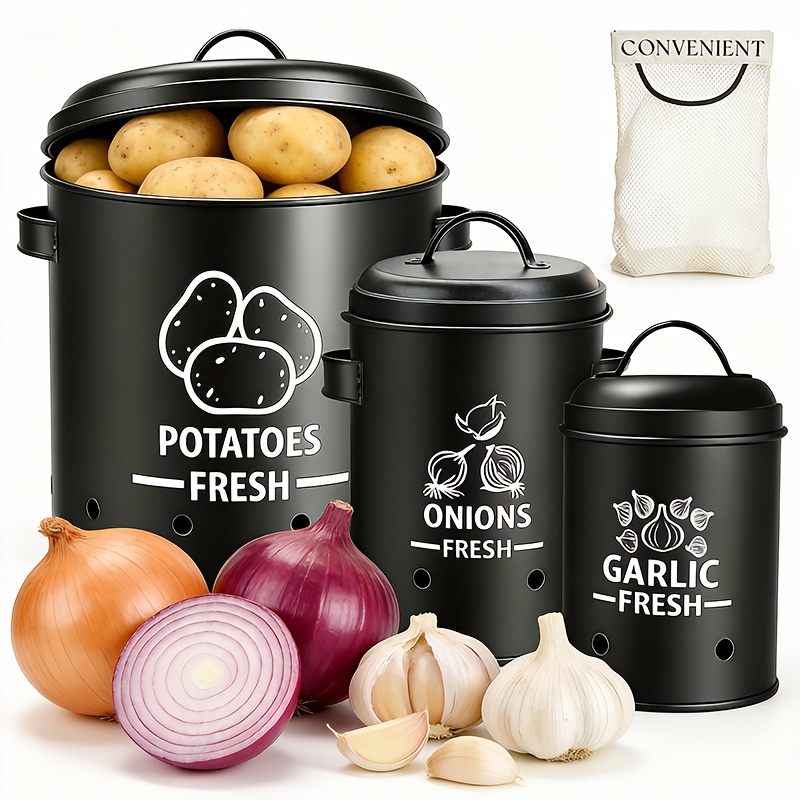 TEMU 3pcs Set Vegetable , Vegetable Storage Containers, Potato Onion Garlic Storage Canister, Metal Vegetable Caddy, Kitchen Pantry Organizer Jars