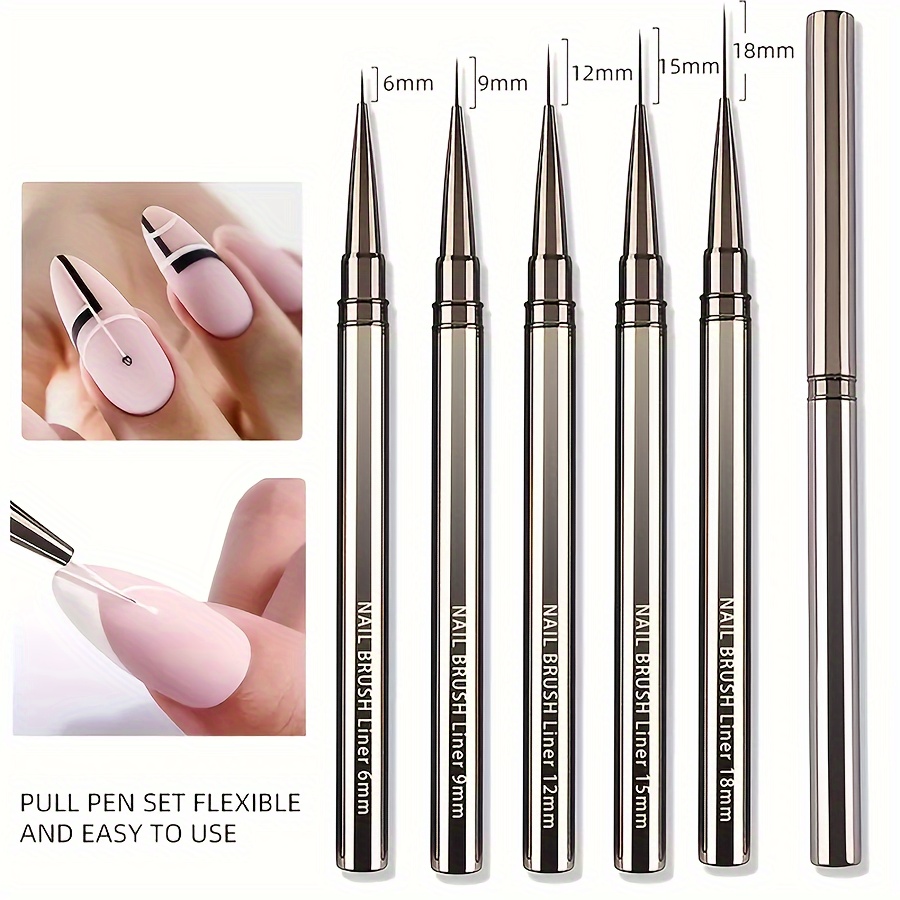 5pcs Nail Art Liner Brushes For Gel Polish, Design Drawing Brush Set With Metal Handle, 6/9/12/15/18mm