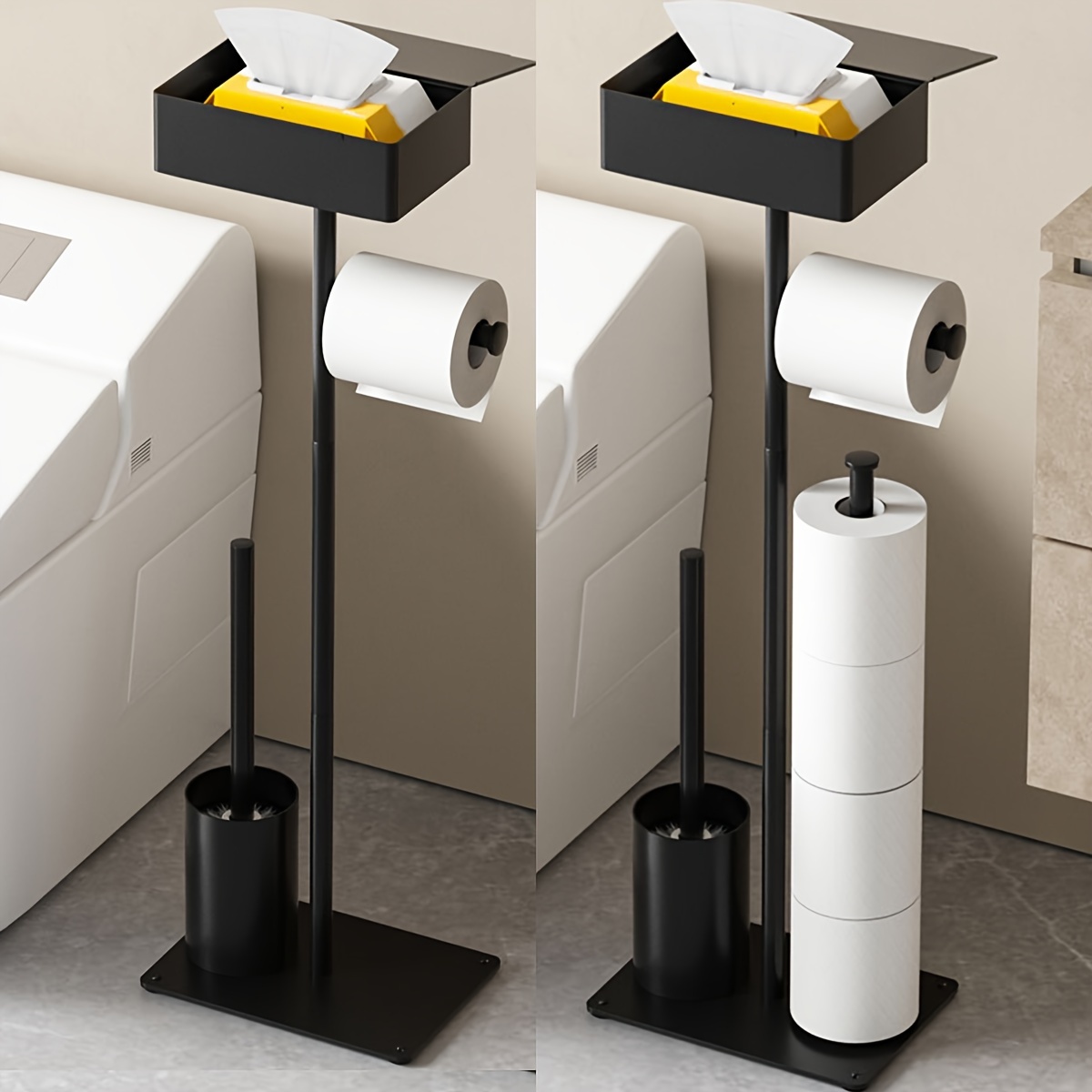 

1pc Vertical Tissue Holder With Toilet Brush: Freestanding Bathroom Storage And Organization - Plastic, Rectangular Design