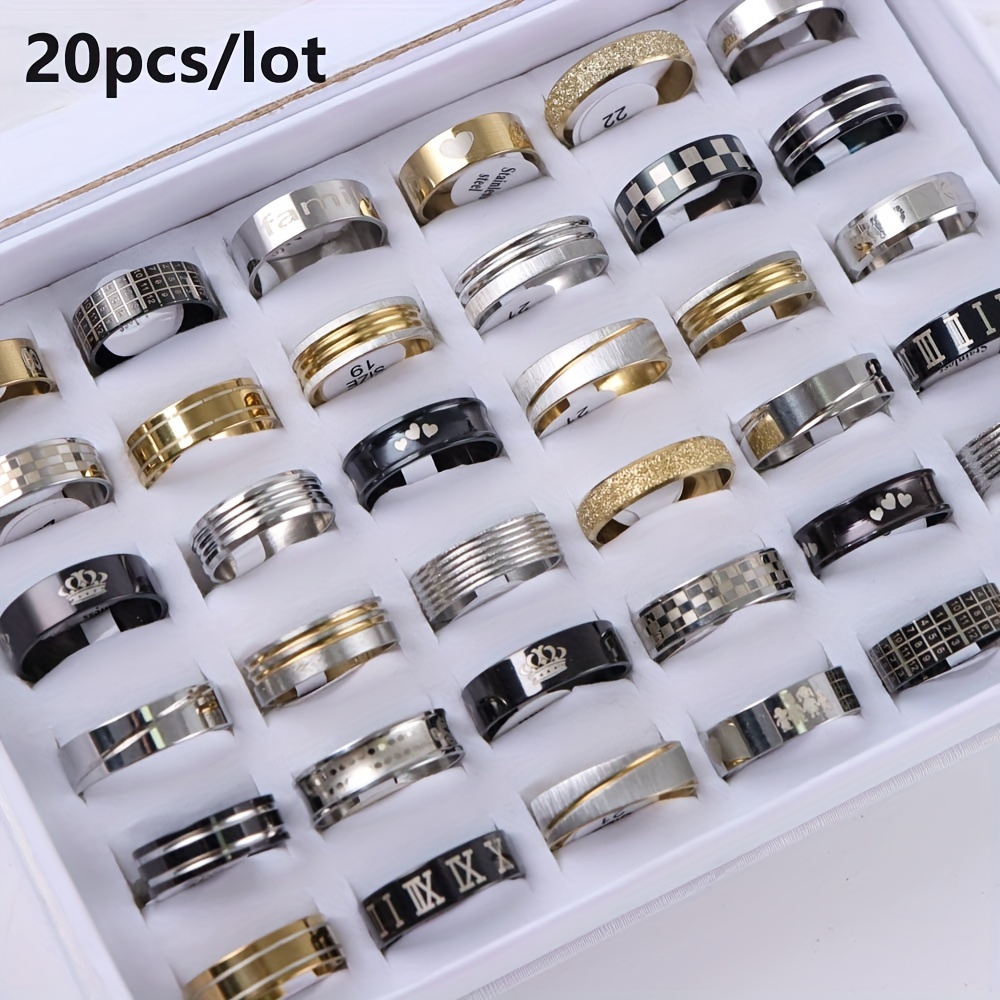 TEMU 20pcs Trendy Stainless Steel Rings - Classic & Fashionable Heart Cutouts, Assorted Colors For Couples, Weddings & Parties